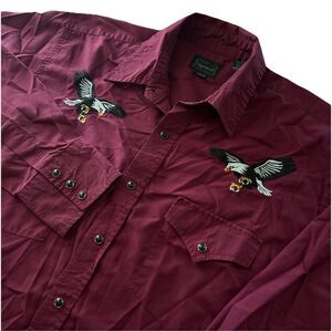 High Noon Men’s M Burgundy Embroidered Eagles Western Pearl Snap Long Sleeve‎